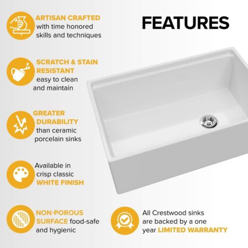 Crestwood Fireclay 30" Modern Single Bowl Wurkstation Smooth Apron Fireclay Sink - White - Image 11