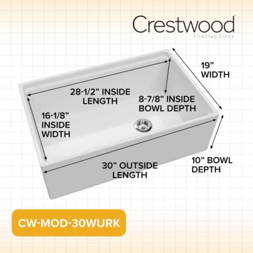 Crestwood Fireclay 30" Modern Single Bowl Wurkstation Smooth Apron Fireclay Sink - White - Image 9