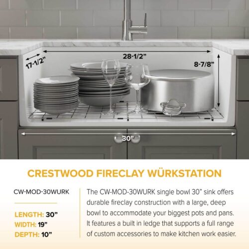 Crestwood Fireclay 30" Modern Single Bowl Wurkstation Smooth Apron Fireclay Sink - White - Image 10