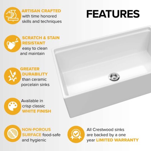 Crestwood Fireclay 33" Modern Single Bowl Wurkstation Smooth Apron Fireclay Sink - White - Image 7