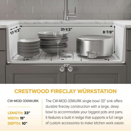 Crestwood Fireclay 33" Modern Single Bowl Wurkstation Smooth Apron Fireclay Sink - White - Image 11