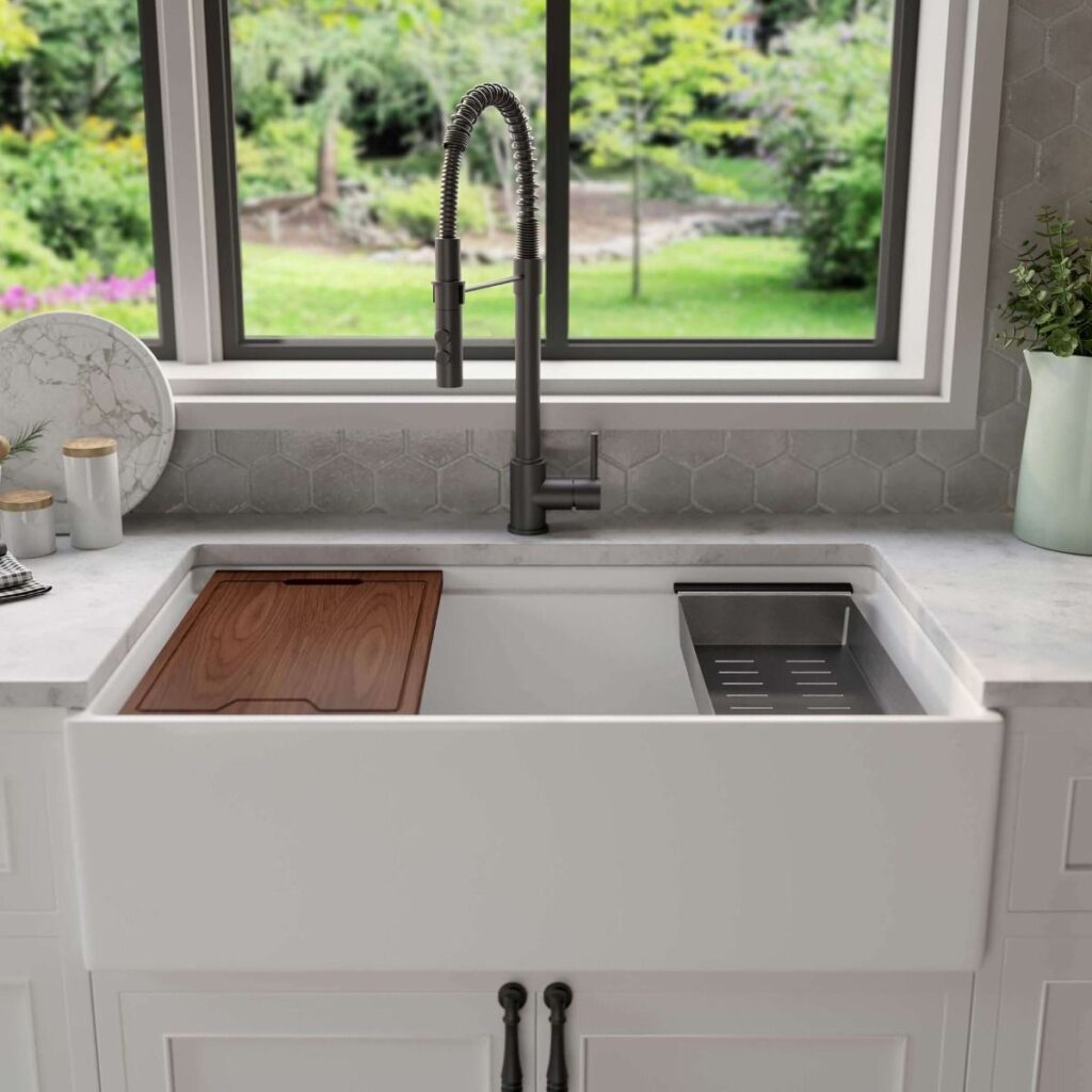 White fireclay workstation sink