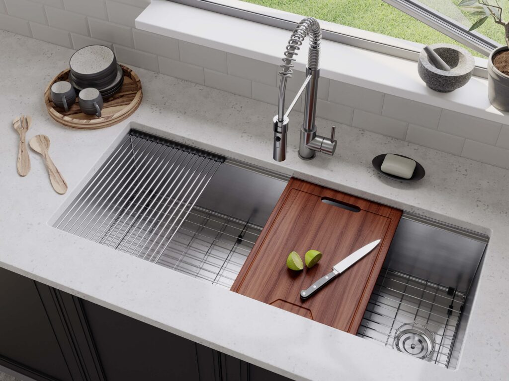 43 inch stainless steel work station sink with cutting board and roll-up rack