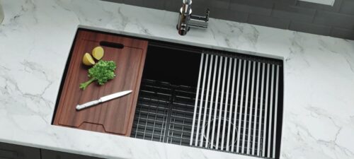 Lexicon LP-750 quartz workstation sink installed with wood cutting board and rollup drain mat