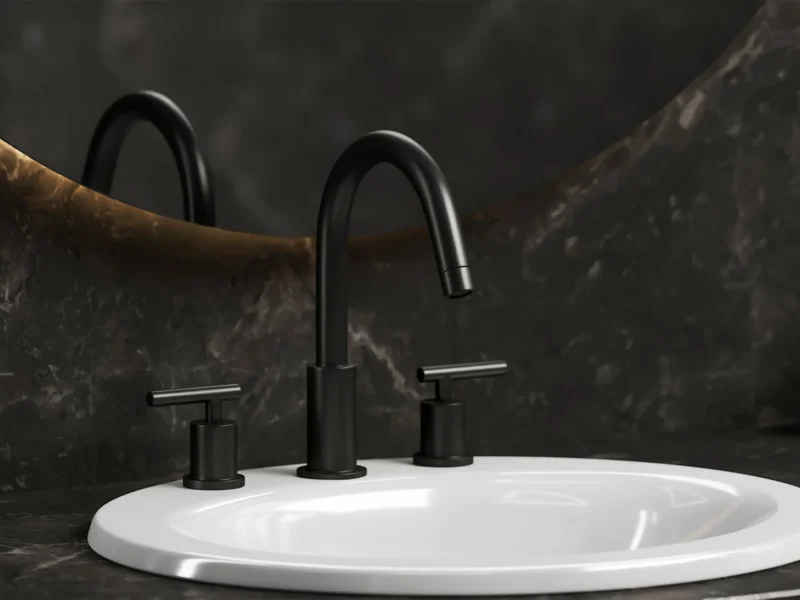 Matte black widespread bathroom faucet with lever handles on a white oval sink against dark marble