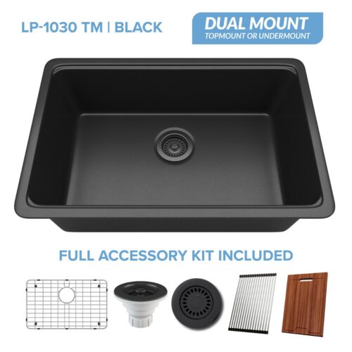 Lexicon LP-1030 dual-mount quartz workstation sink in Black with full accessory kit