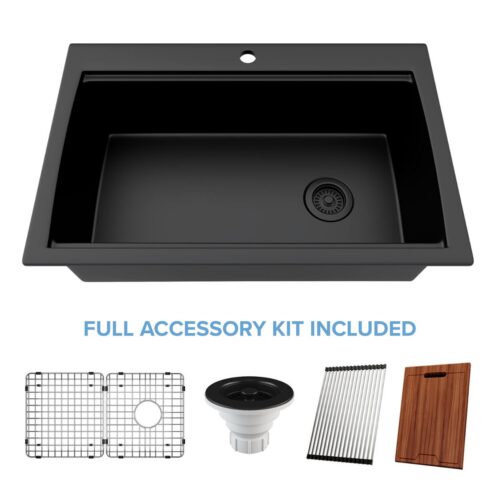 Lexicon LP-750 dual-mount quartz workstation sink in Black with full accessory kit